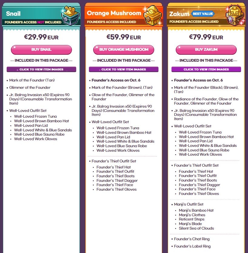 MapleStory Classic World Founder’s Packages